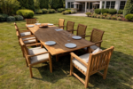 Salon de jardin en teck 10 places — table extensible et chaises empilables