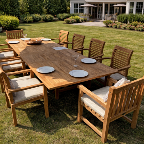 Salon de jardin en teck 10 places — table extensible et chaises empilables