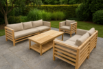 Salon de jardin en teck avec coussins — canapés et table basse