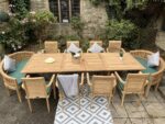 Salon de jardin en teck 14 places — table extensible, 8 chaises + 2 bancs