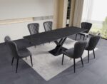 Ensemble repas céramique pierre sombre + chaises velours gris premium – Image 5