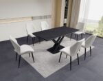 Ensemble repas céramique anthracite extensible 180-260 cm + chaises velours crème – Image 5