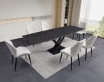 Ensemble repas céramique anthracite extensible 180-260 cm + chaises velours crème – Image 4
