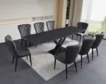Ensemble repas céramique pierre sombre + chaises velours gris premium
