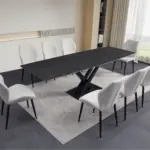 Ensemble repas céramique anthracite extensible 180-260 cm + chaises velours crème