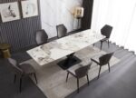 Table céramique extensible 180-260 cm + 6 chaises velours — blanc & cuivre