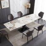 Table céramique extensible 180-260 cm + 6 chaises velours — blanc & cuivre