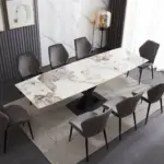 Table céramique extensible 180-260 cm + 8 chaises velours — blanc & cuivre