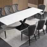 Ensemble repas céramique calacatta blanc + chaises gris premium