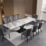 Ensemble repas céramique blanc brillant + chaises velours gris