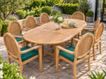 Salon de jardin en teck 8 places avec table ovale extensible et huit fauteuils à dossier haut