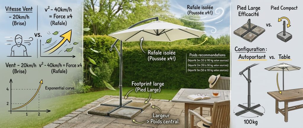 Parasol de jardin et son pied lesté sur une terrasse