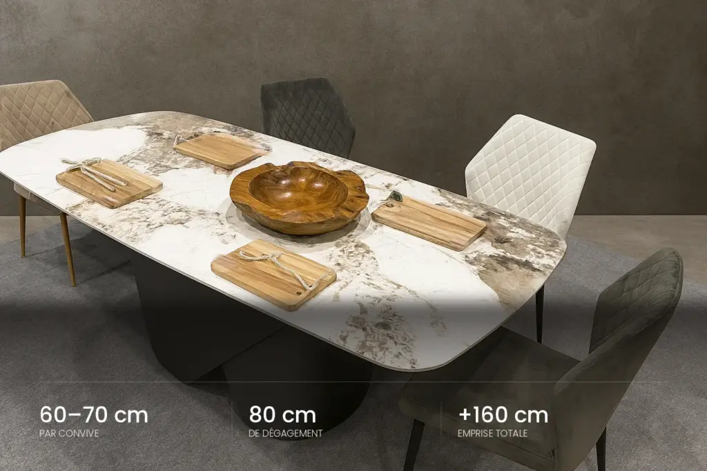 Table à manger en céramique effet marbre avec les repères de dimensionnement : 60 à 70 cm par convive et 80 cm de dégagement
